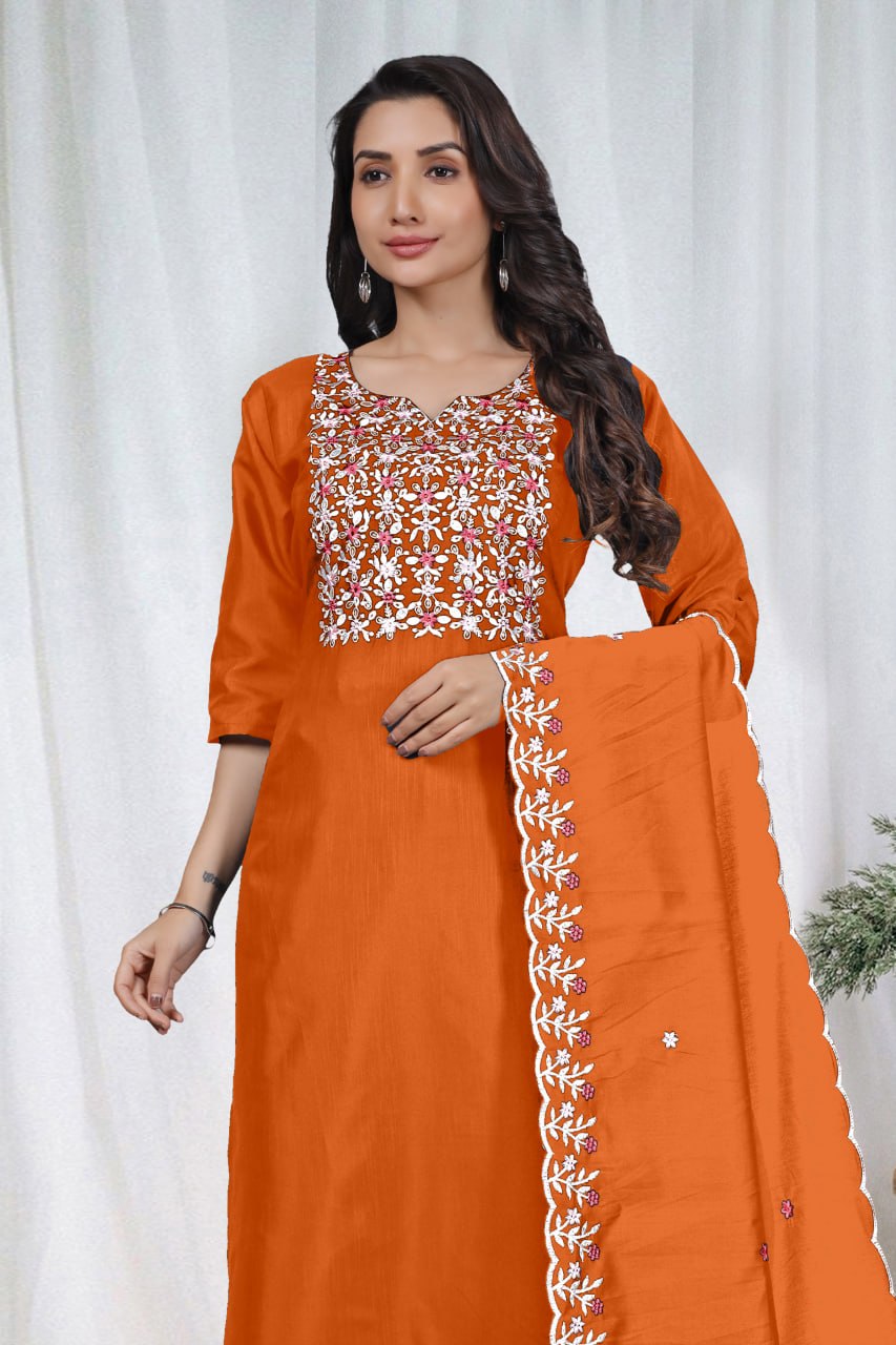 Premium Orange Embroidered Vertical Cotton Suit Set with Scalloped Dupatta