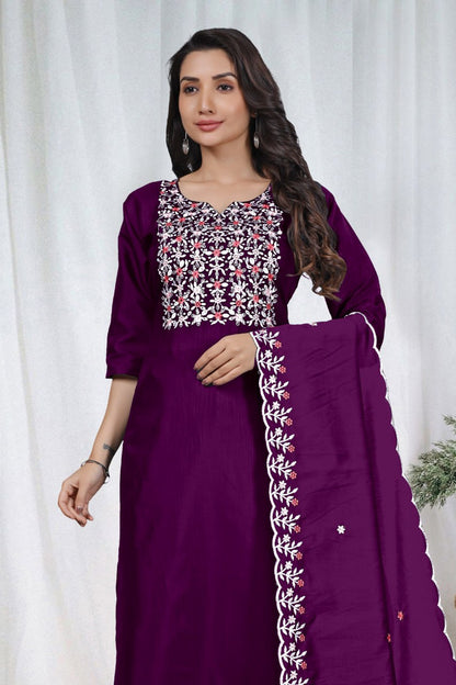 Premium Deep Purple Embroidered Vertical Cotton Suit Set with Scalloped Dupatta