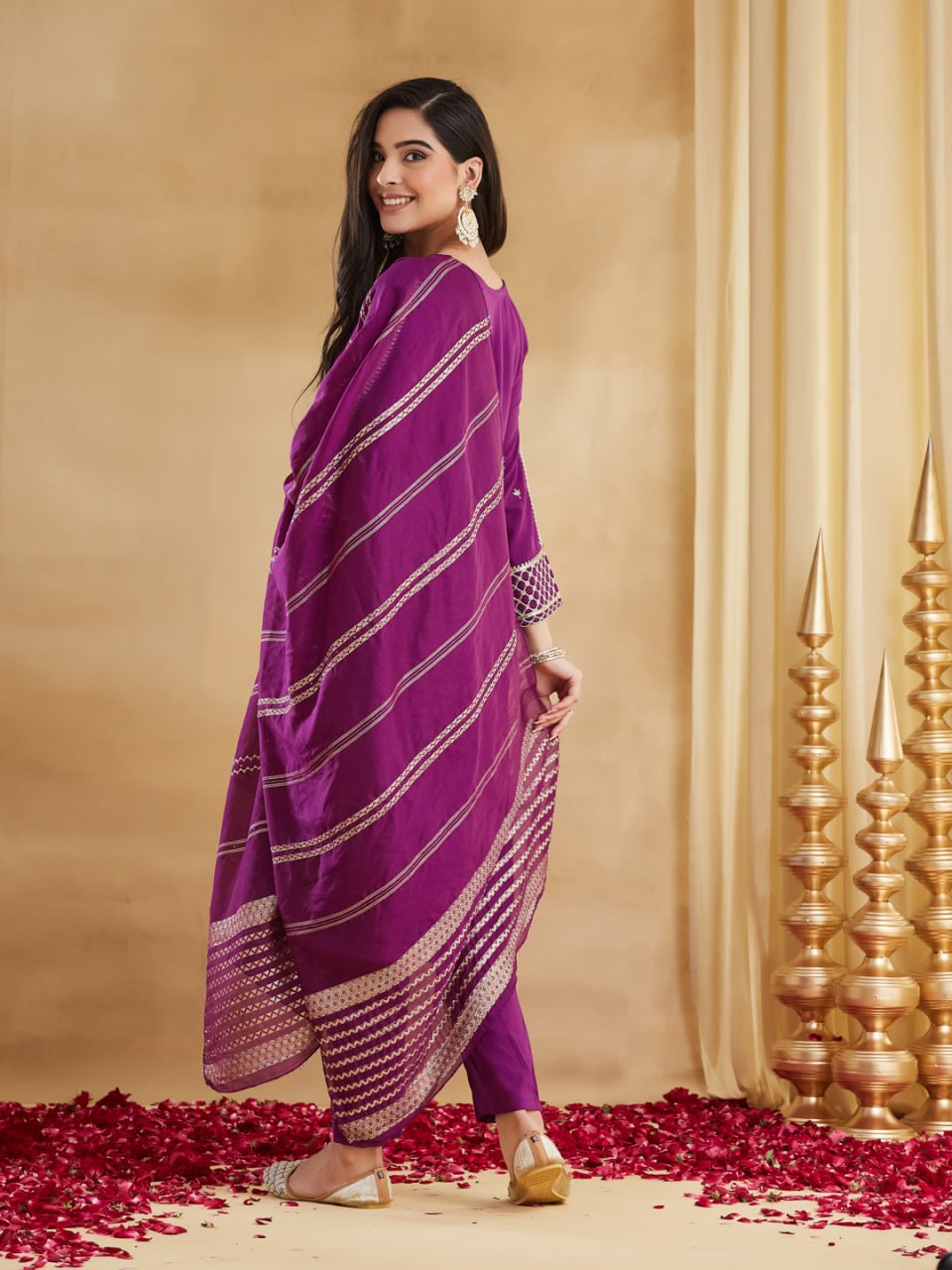 Premium Deep Purple Embroidered Viscose Rayon Suit Set with Chanderi Jacquard Dupatta
