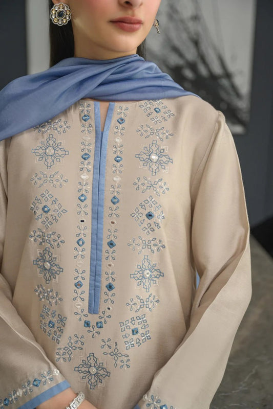 Premium Beige & Blue Embroidered Chanderi Silk Suit Set with Chinon Dupatta
