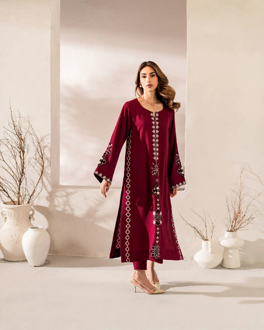 Premium Deep Maroon Geometric Embroidered Kurti & Pant Set with Dupatta
