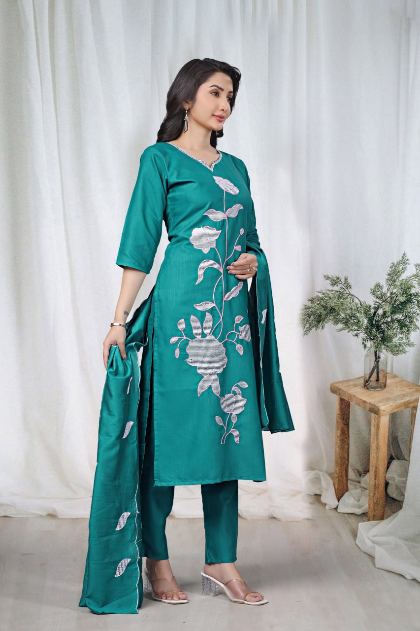Premium Teal Green Floral Embroidered Vertical Cotton Suit Set