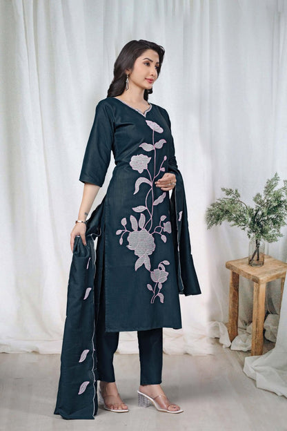 Premium Charcoal Black Floral Embroidered Vertical Cotton Suit Set