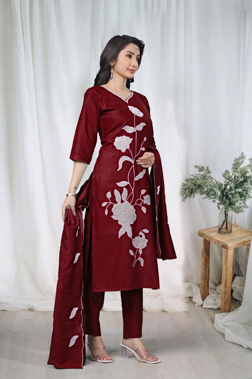 Premium Maroon Floral Embroidered Vertical Cotton Suit Set