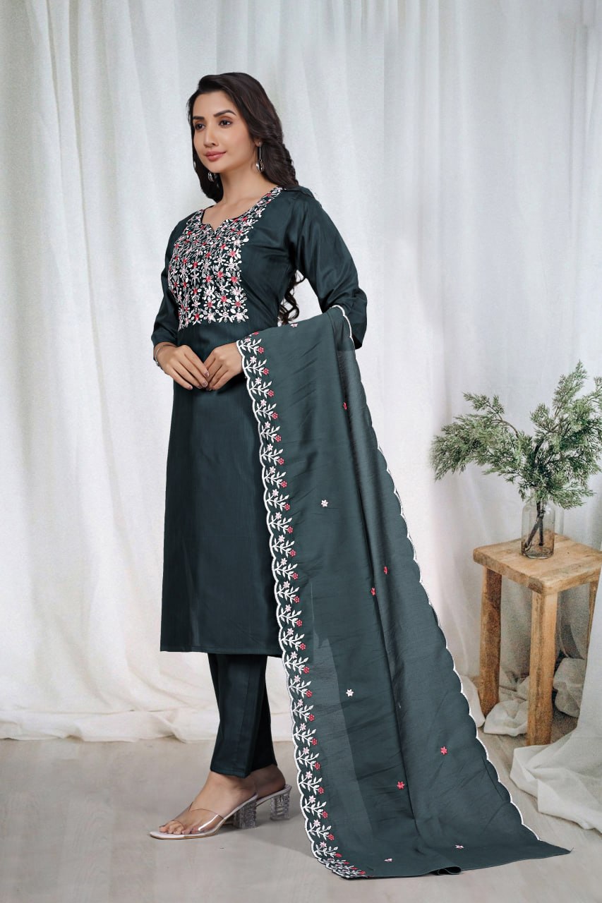 Premium Dark Green Embroidered Vertical Cotton Suit Set with Scalloped Dupatta