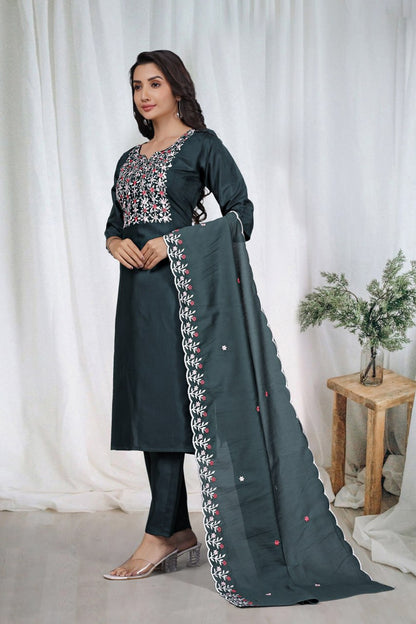 Premium Dark Green Embroidered Vertical Cotton Suit Set with Scalloped Dupatta