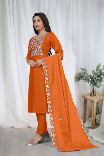 Premium Orange Embroidered Vertical Cotton Suit Set with Scalloped Dupatta