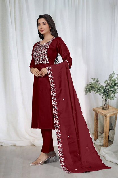 Premium Maroon Embroidered Vertical Cotton Suit Set with Scalloped Dupatta