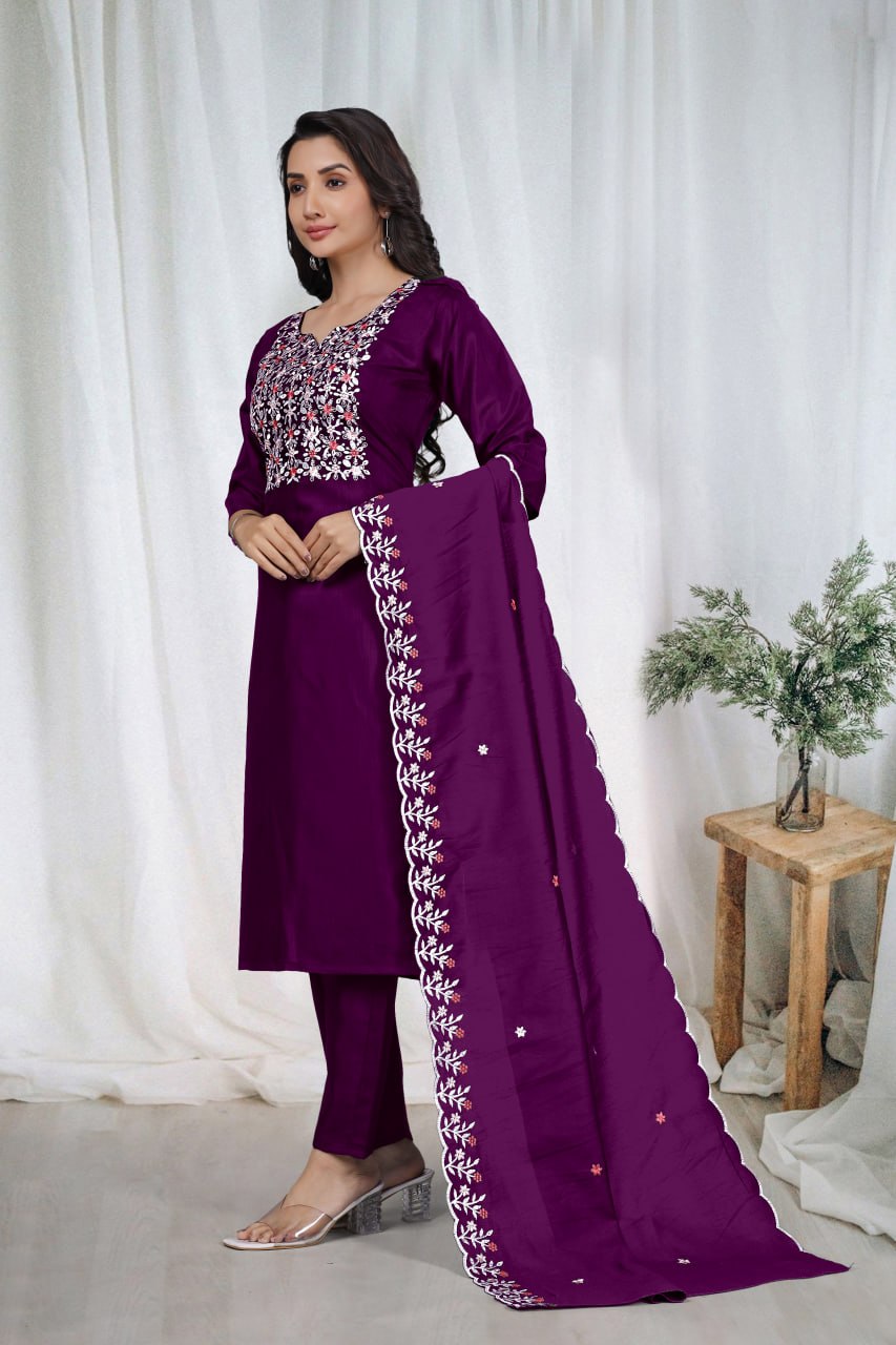 Premium Deep Purple Embroidered Vertical Cotton Suit Set with Scalloped Dupatta