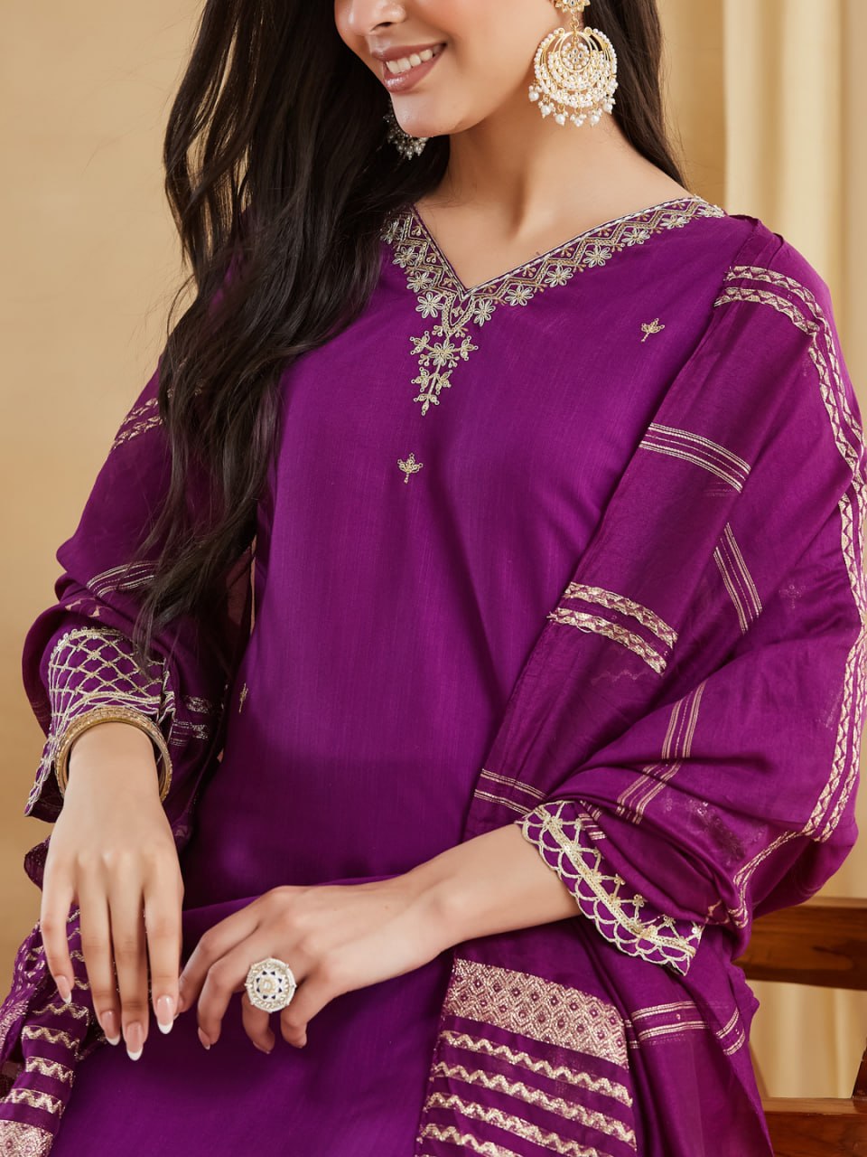 Premium Deep Purple Embroidered Viscose Rayon Suit Set with Chanderi Jacquard Dupatta