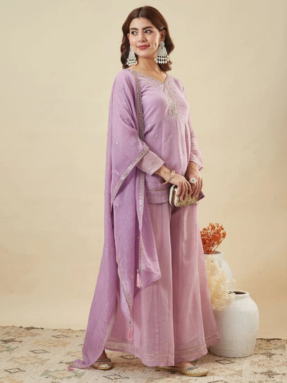 Premium Embroidered Crunchy Silk Peplum Kurti & Palazzo Set