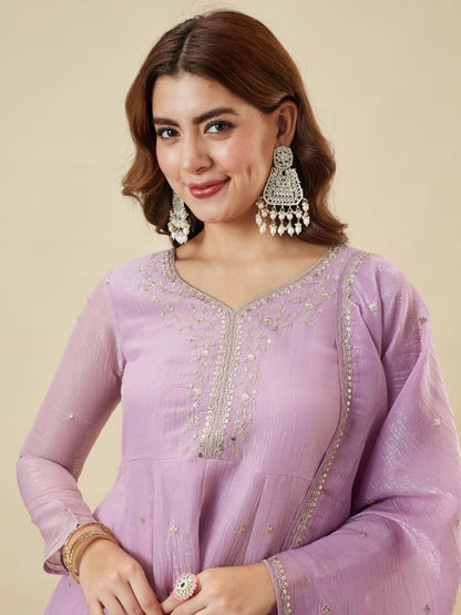 Premium Embroidered Crunchy Silk Peplum Kurti & Palazzo Set