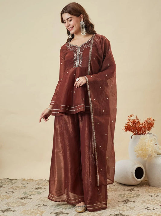 Premium Brown Embroidered Crunchy Silk Peplum Kurti & Palazzo Set