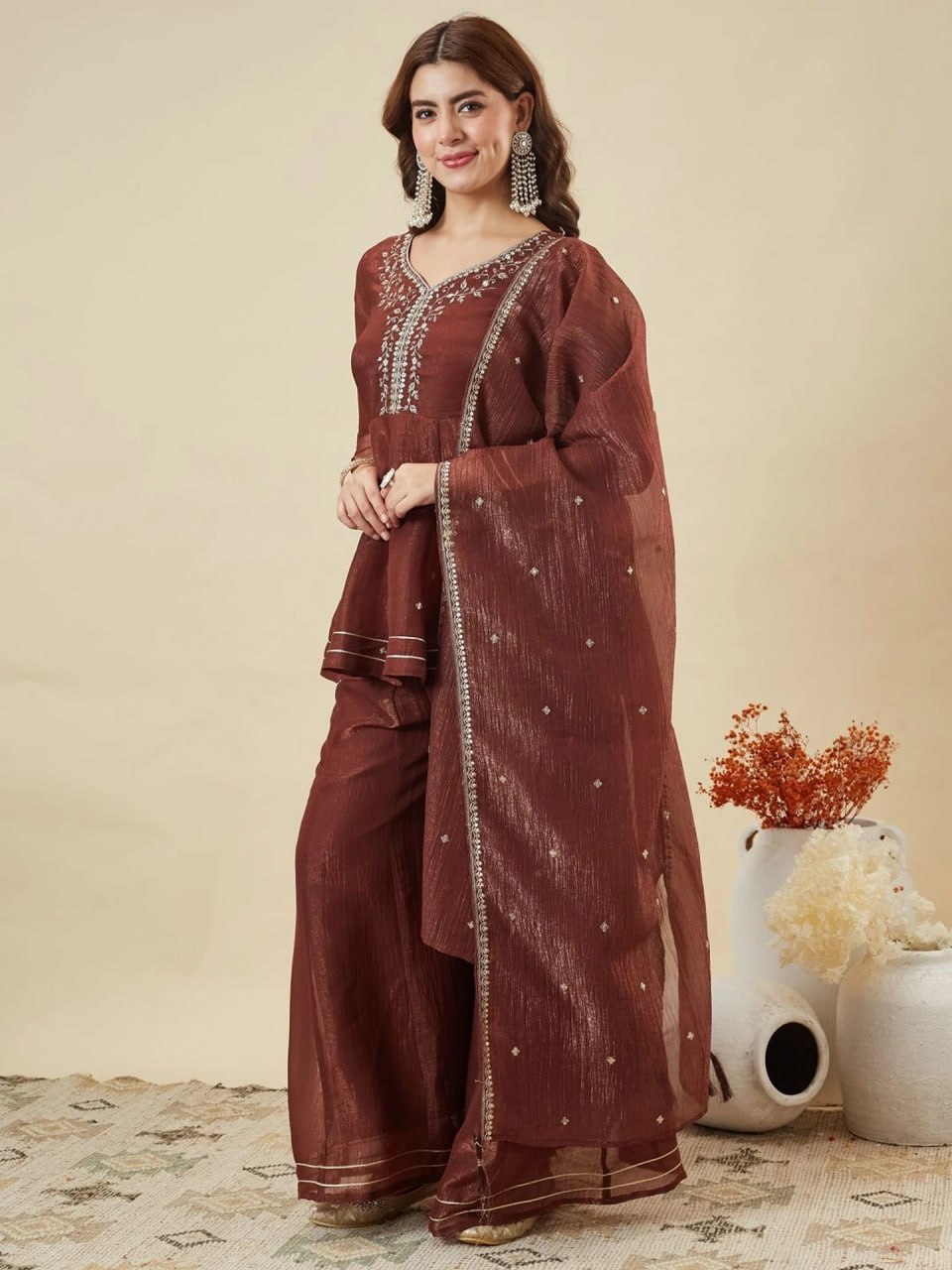 Premium Brown Embroidered Crunchy Silk Peplum Kurti & Palazzo Set