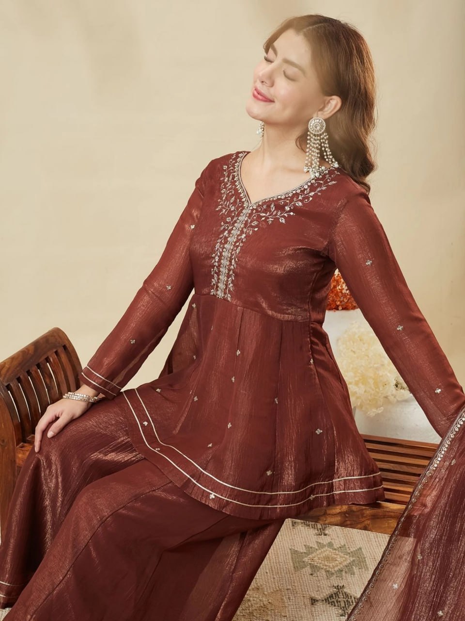 Premium Brown Embroidered Crunchy Silk Peplum Kurti & Palazzo Set