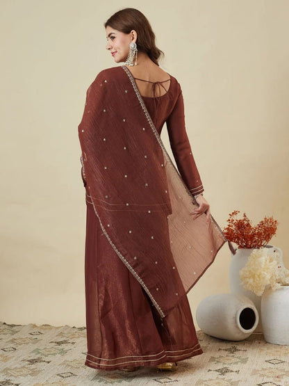 Premium Brown Embroidered Crunchy Silk Peplum Kurti & Palazzo Set