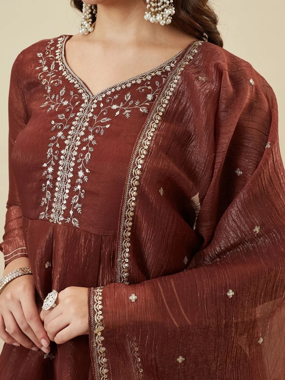 Premium Brown Embroidered Crunchy Silk Peplum Kurti & Palazzo Set