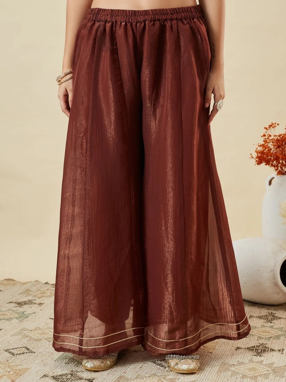 Premium Brown Embroidered Crunchy Silk Peplum Kurti & Palazzo Set