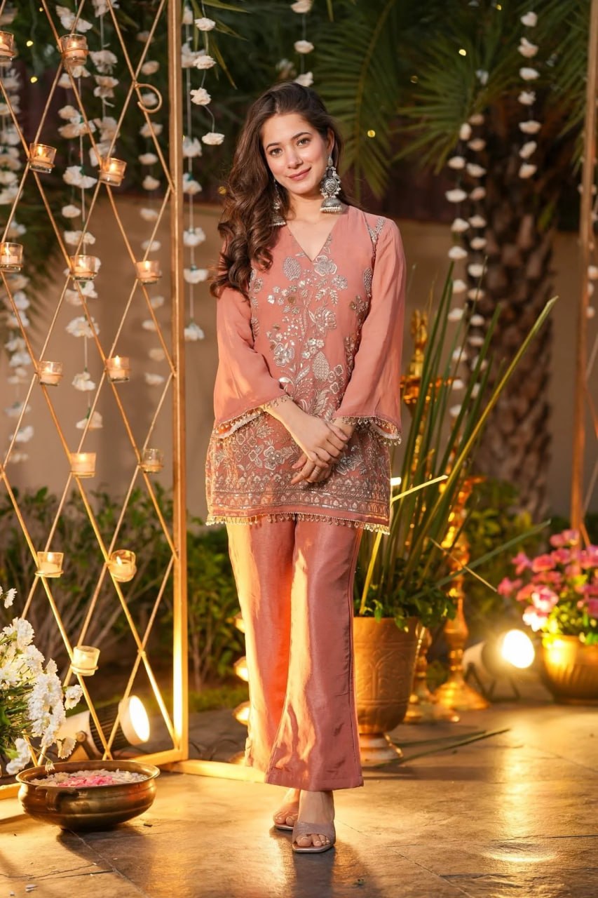Premium Peach Embroidered Crunchy Silk Short Kurti & Pant Set