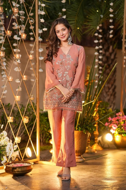 Premium Peach Embroidered Crunchy Silk Short Kurti & Pant Set