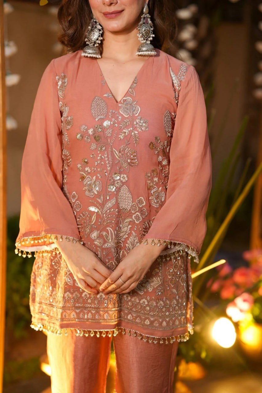 Premium Peach Embroidered Crunchy Silk Short Kurti & Pant Set