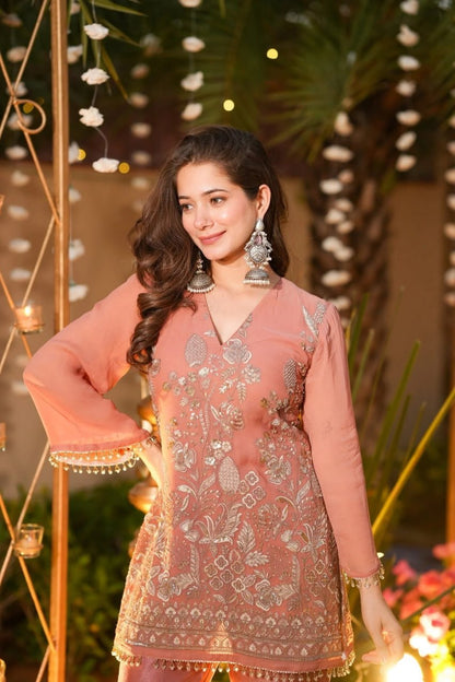 Premium Peach Embroidered Crunchy Silk Short Kurti & Pant Set