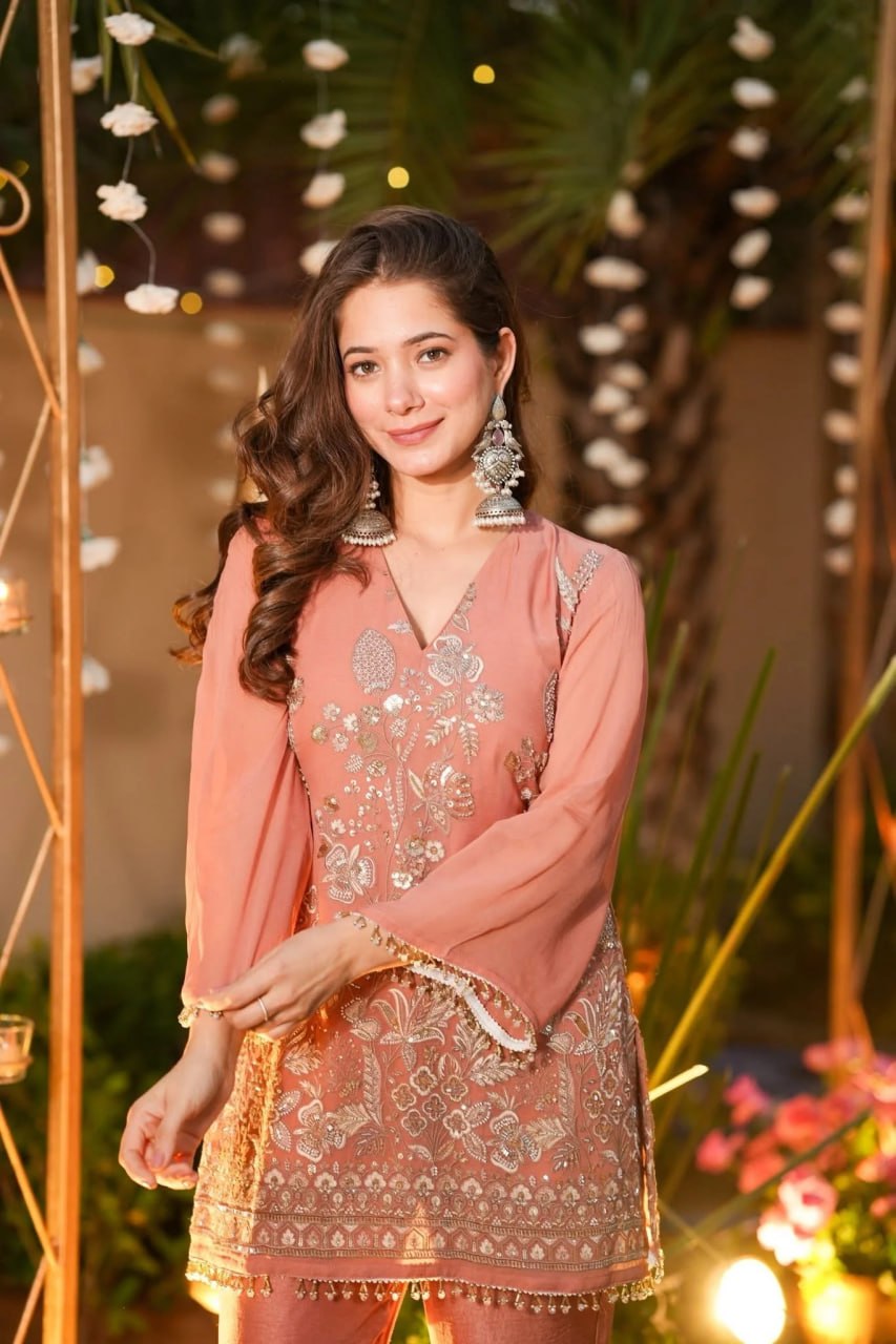 Premium Peach Embroidered Crunchy Silk Short Kurti & Pant Set