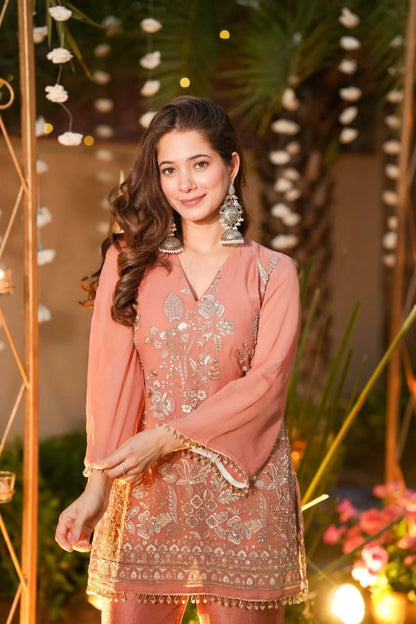 Premium Peach Embroidered Crunchy Silk Short Kurti & Pant Set
