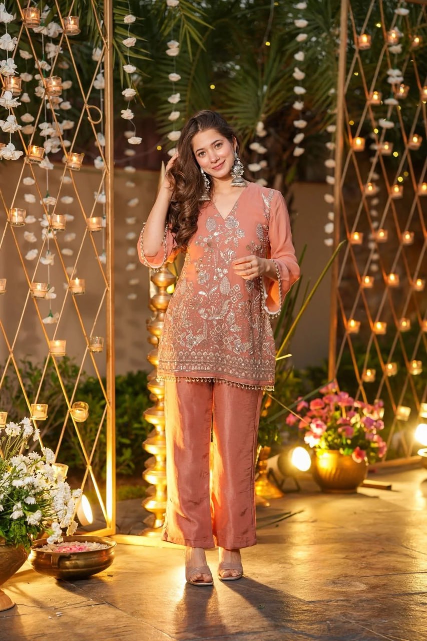 Premium Peach Embroidered Crunchy Silk Short Kurti & Pant Set