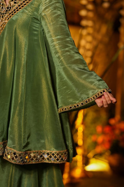 Premium Olive Green Mirror Work CP Vichitra Peplum Kurti & Palazzo Set