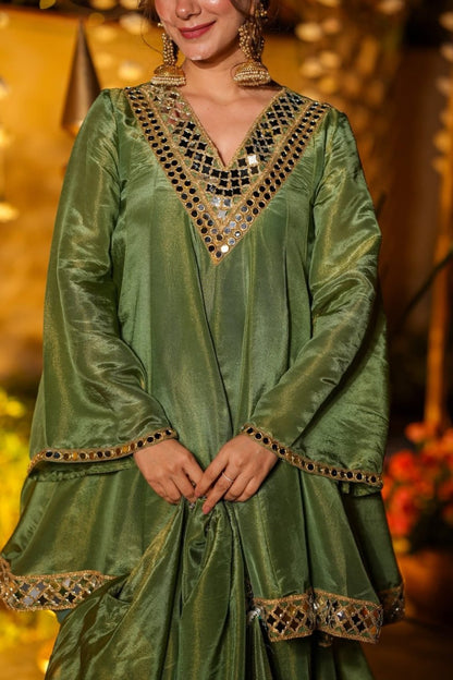 Premium Olive Green Mirror Work CP Vichitra Peplum Kurti & Palazzo Set