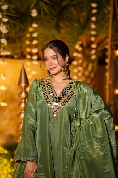 Premium Olive Green Mirror Work CP Vichitra Peplum Kurti & Palazzo Set
