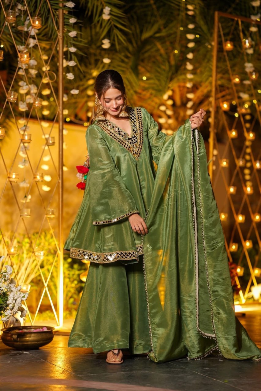 Premium Olive Green Mirror Work CP Vichitra Peplum Kurti & Palazzo Set