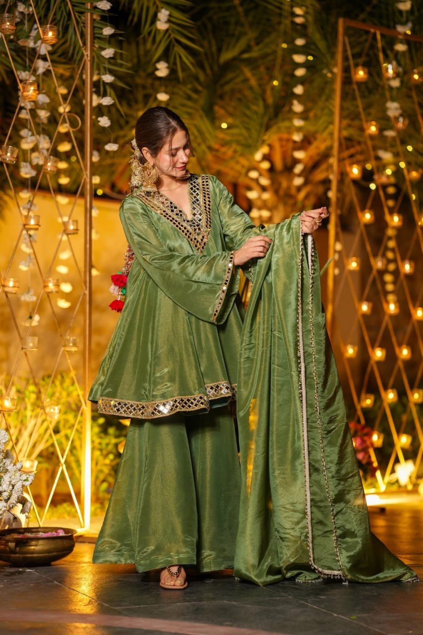 Premium Olive Green Mirror Work CP Vichitra Peplum Kurti & Palazzo Set