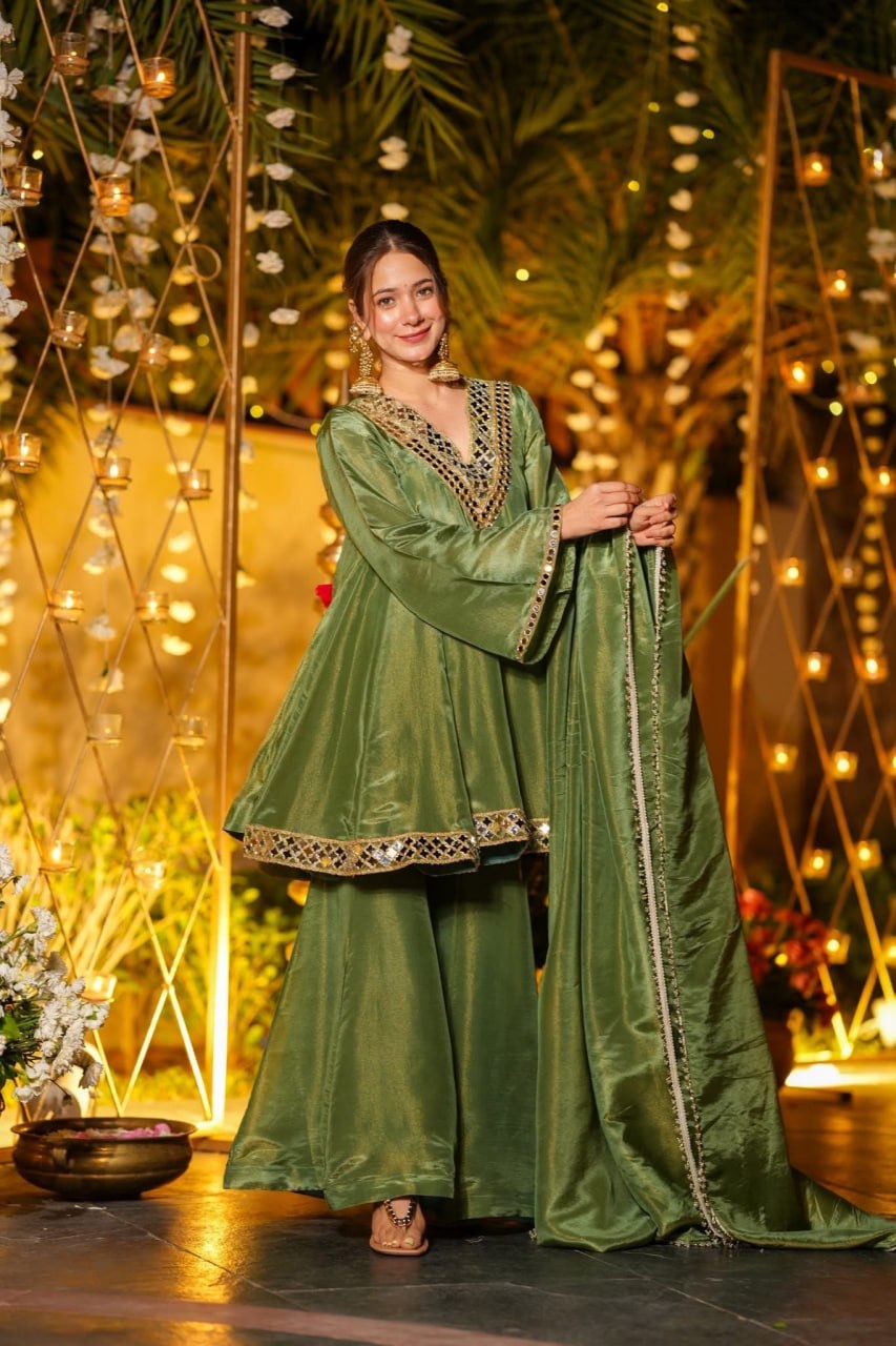 Premium Olive Green Mirror Work CP Vichitra Peplum Kurti & Palazzo Set