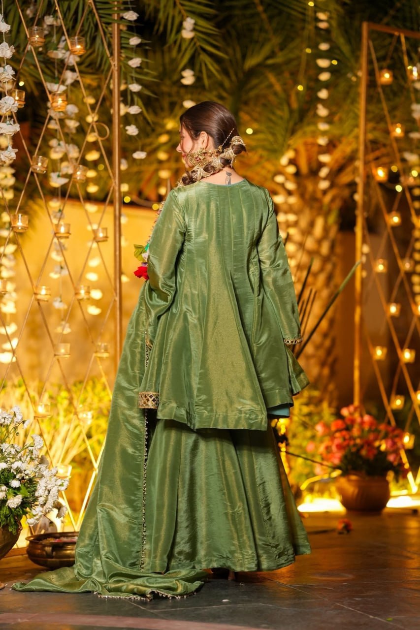 Premium Olive Green Mirror Work CP Vichitra Peplum Kurti & Palazzo Set