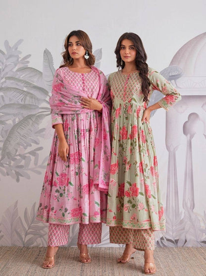 Premium Soft Pink Floral Jaipuri Cotton Flared Anarkali Suit Set