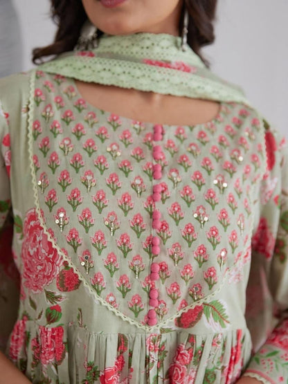 Premium Pista Green Floral Jaipuri Cotton Flared Anarkali Suit Set