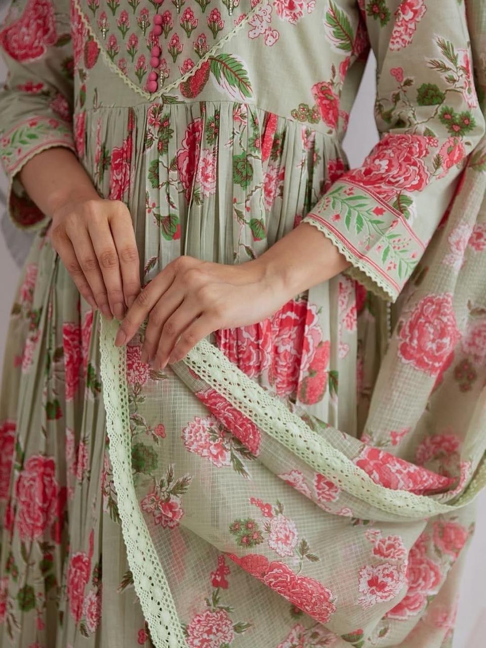 Premium Pista Green Floral Jaipuri Cotton Flared Anarkali Suit Set