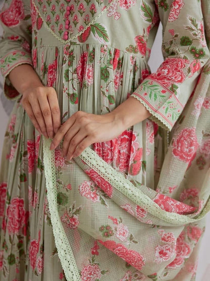 Premium Pista Green Floral Jaipuri Cotton Flared Anarkali Suit Set