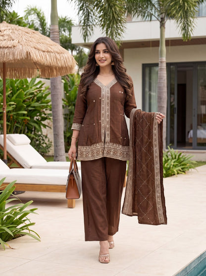 Premium Chocolate Brown CP Vichitra Silk Sequence Work Kurti & Pant Set