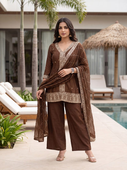 Premium Chocolate Brown CP Vichitra Silk Sequence Work Kurti & Pant Set