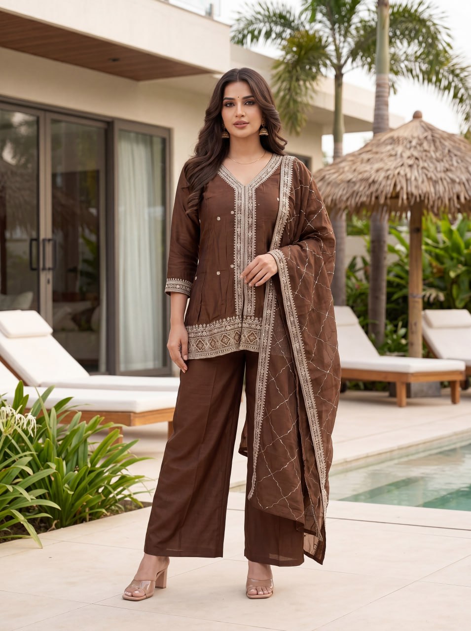 Premium Chocolate Brown CP Vichitra Silk Sequence Work Kurti & Pant Set