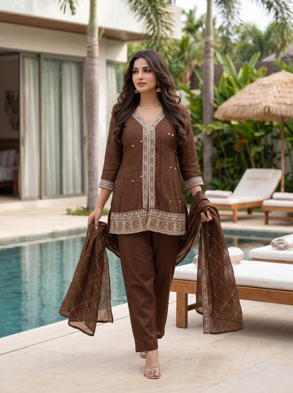 Premium Chocolate Brown CP Vichitra Silk Sequence Work Kurti & Pant Set