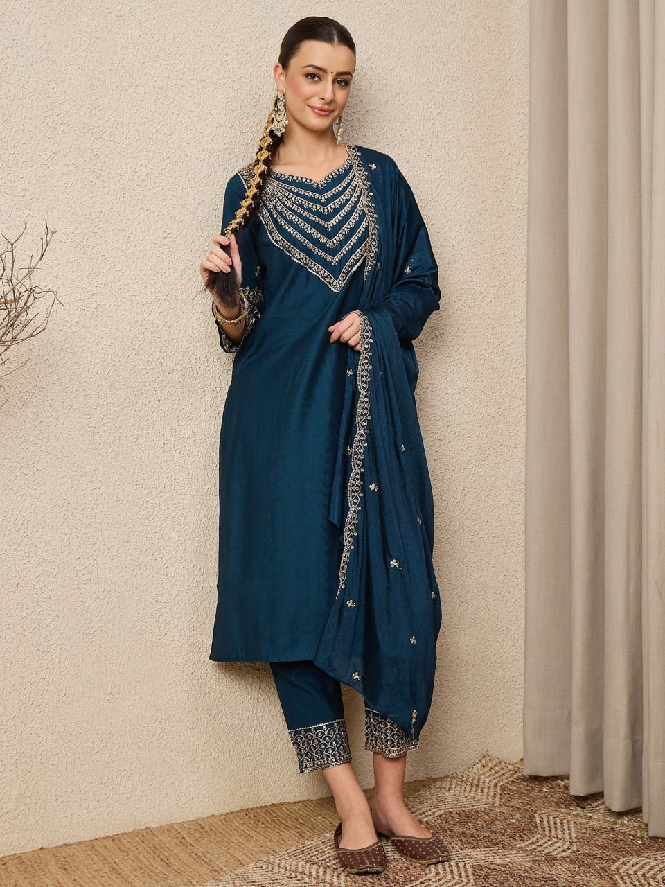 Premium Purple Embroidered Roman Silk Suit Set with Scalloped Dupatta