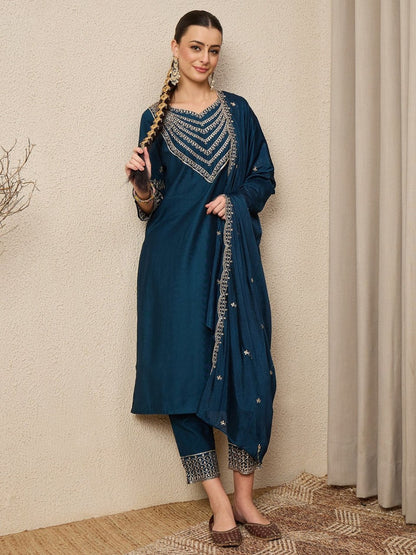 Premium Purple Embroidered Roman Silk Suit Set with Scalloped Dupatta