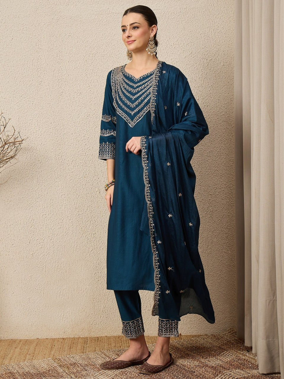 Premium Purple Embroidered Roman Silk Suit Set with Scalloped Dupatta