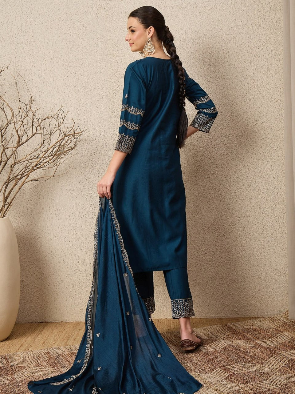 Premium Purple Embroidered Roman Silk Suit Set with Scalloped Dupatta