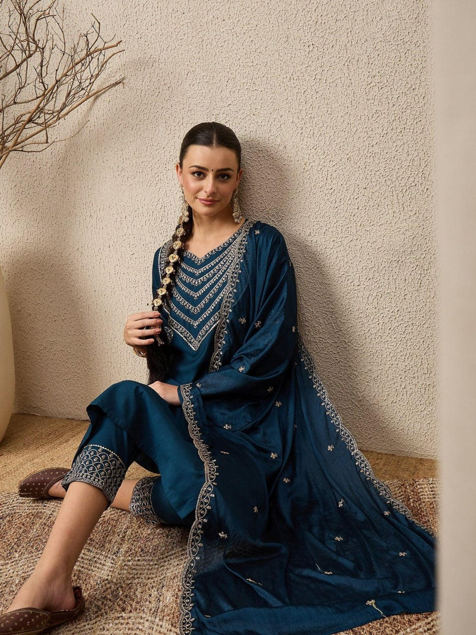 Premium Purple Embroidered Roman Silk Suit Set with Scalloped Dupatta
