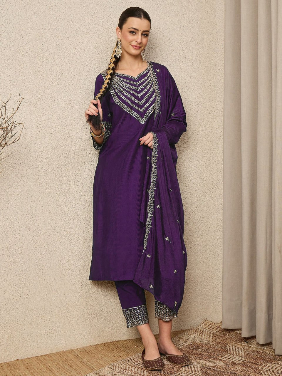 Premium Embroidered Roman Silk Suit Set with Scalloped Dupatta